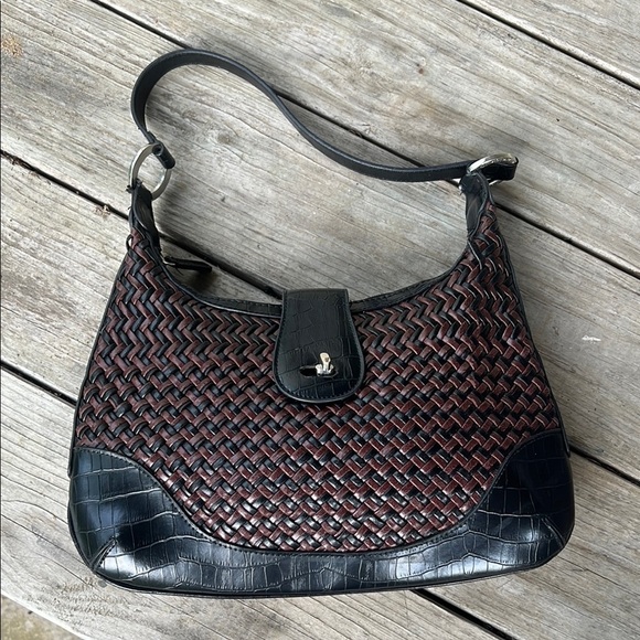 Coldwater Creek Black Brown Woven Hobo Shoulder Bag Faux Croc Trim - Picture 1 of 10